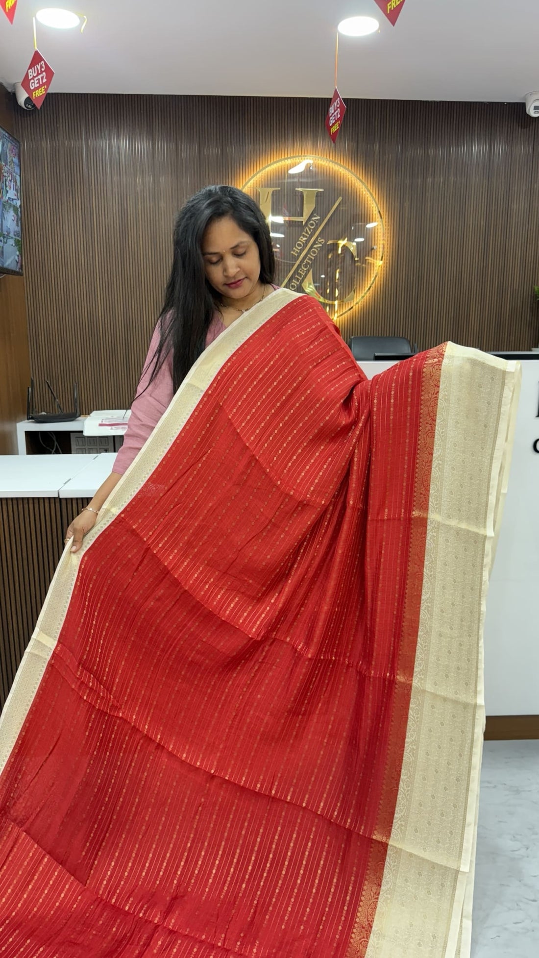 Red stripes zari saree