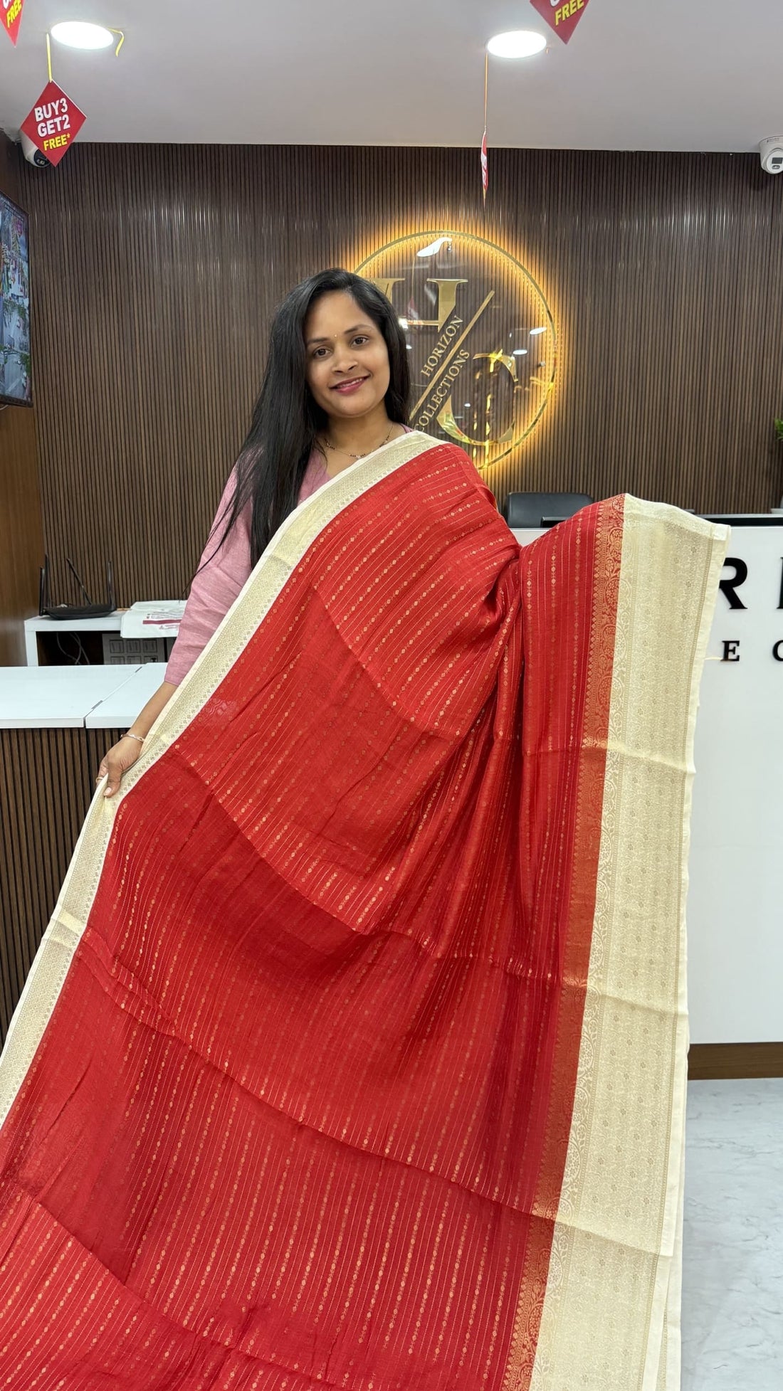 Red stripes zari saree