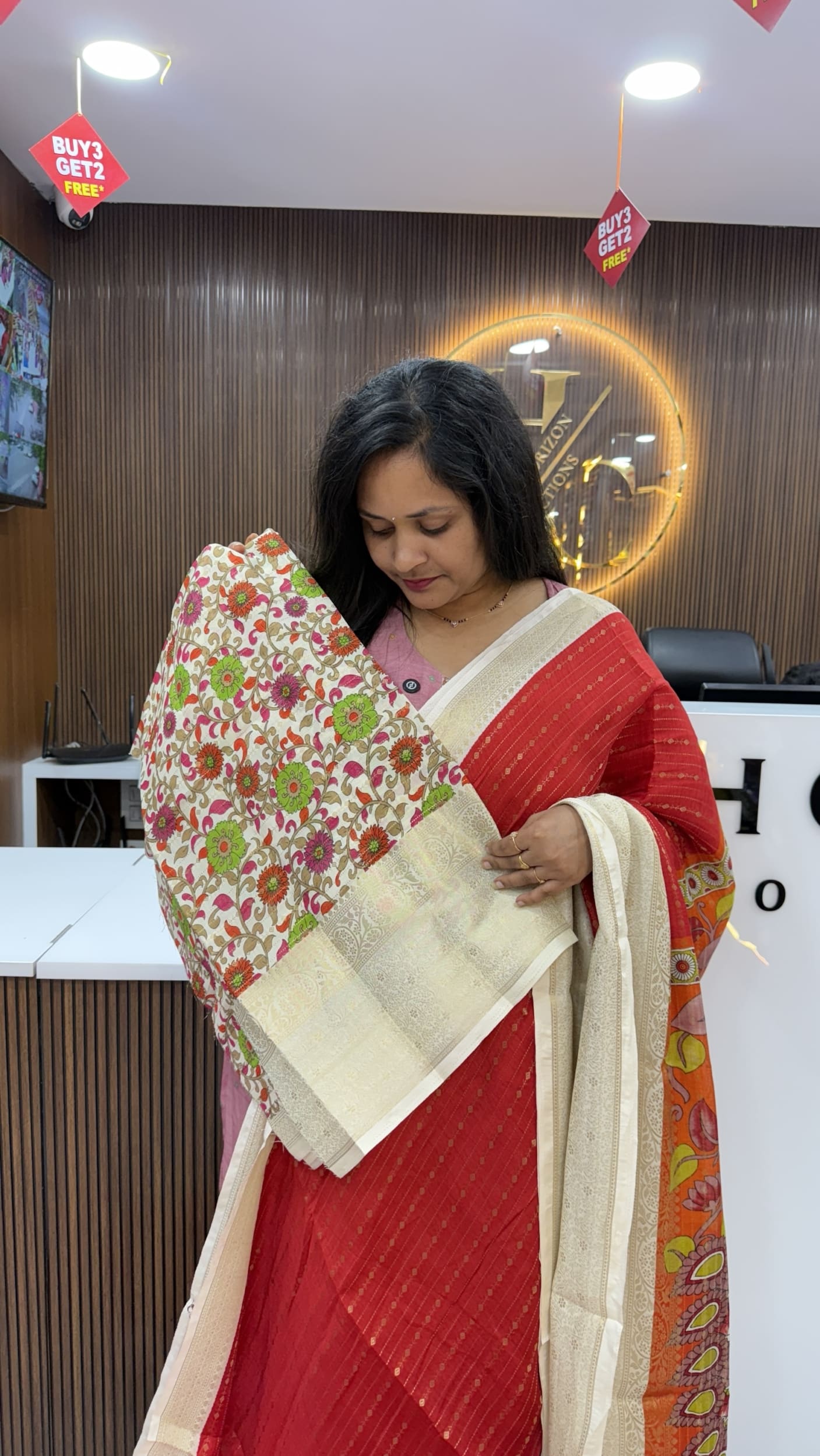 Red stripes zari saree