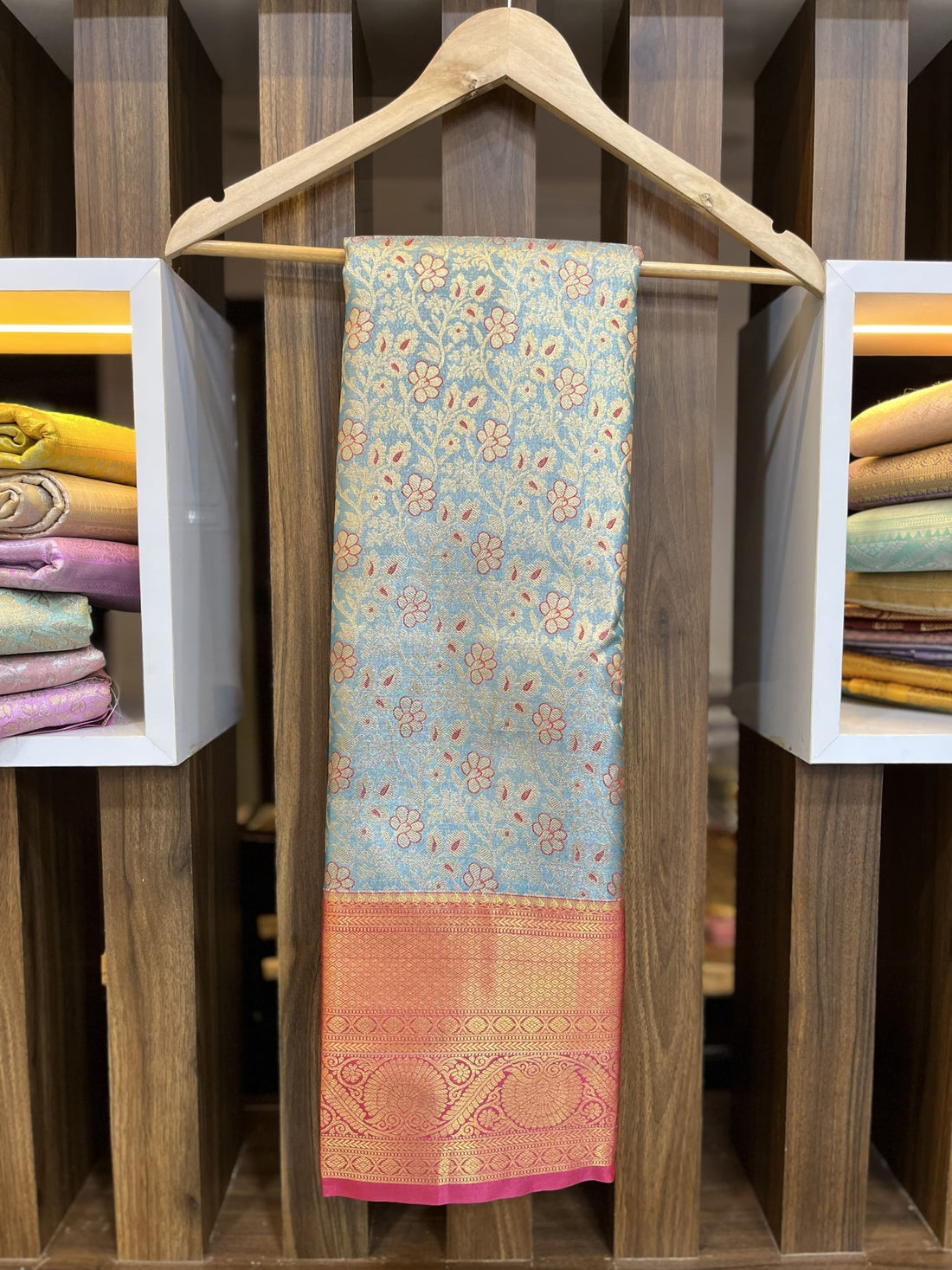Sea blue saree with red border