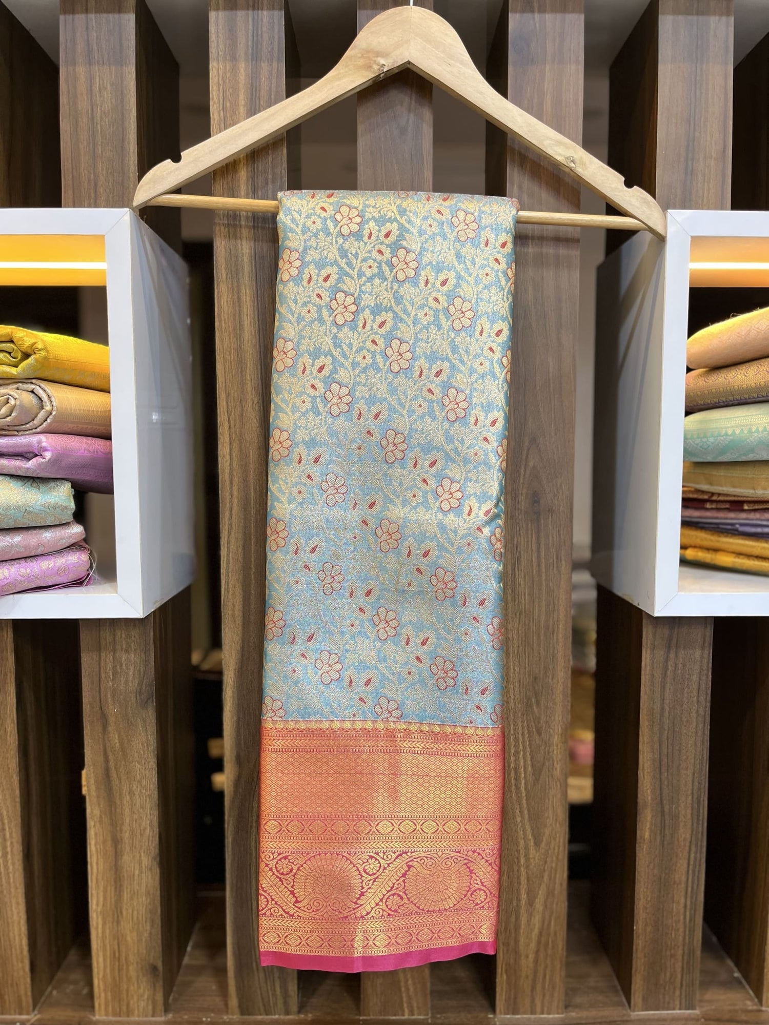 Sea blue saree with red border