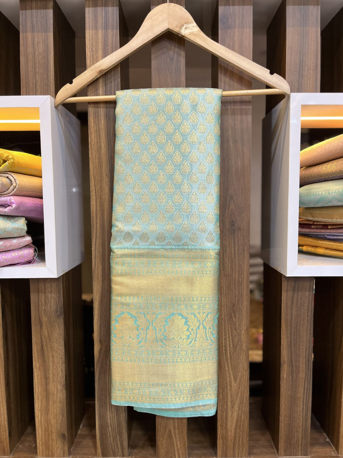 Sea blue with gold border Pattu saree