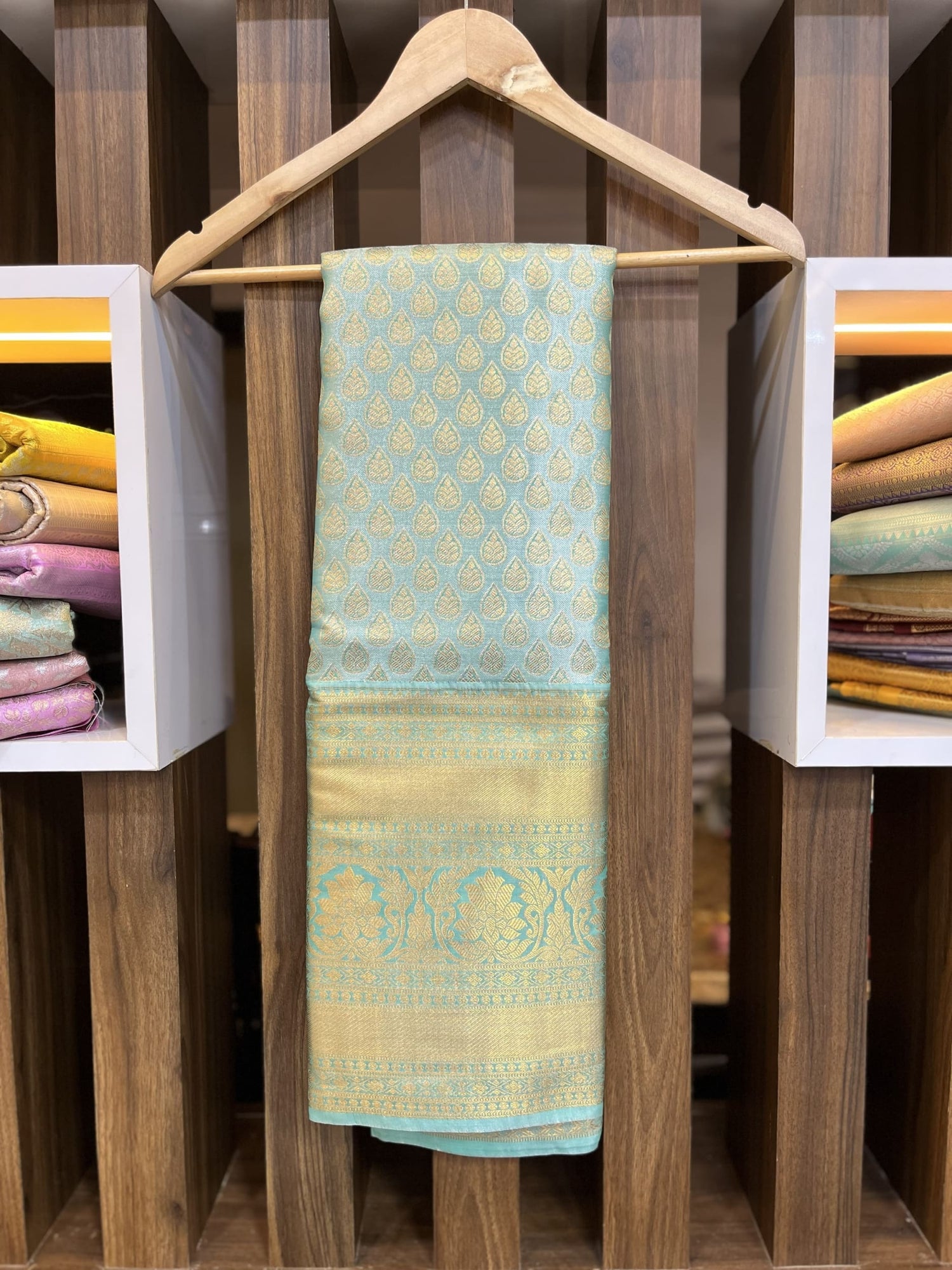 Sea blue with gold border Pattu saree