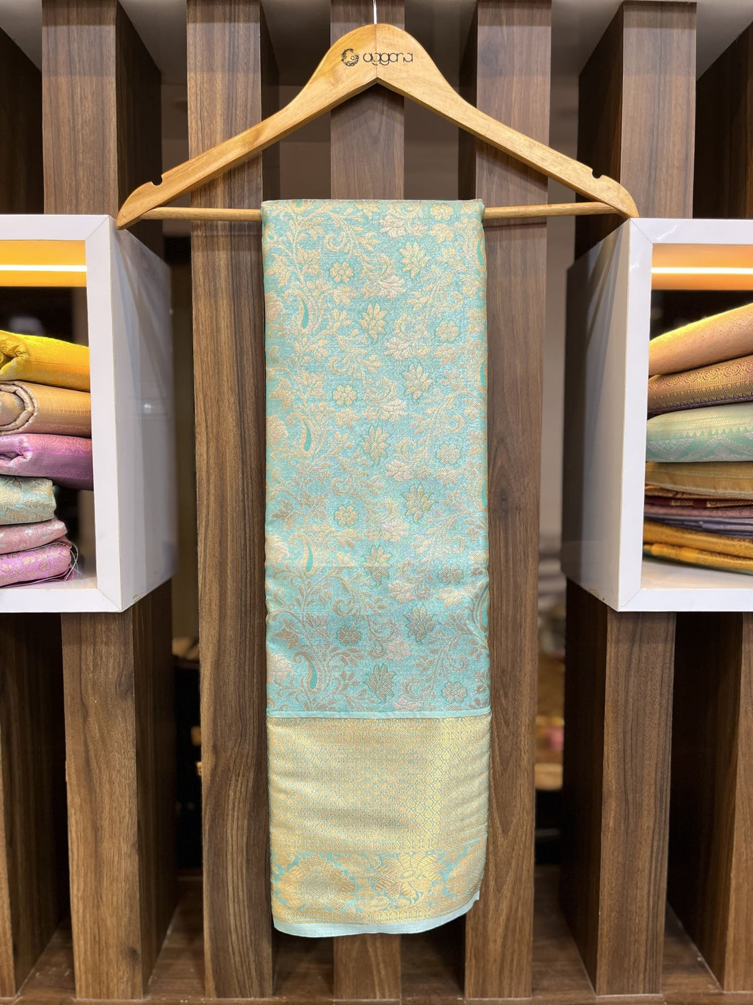 Sea blue saree with gold border