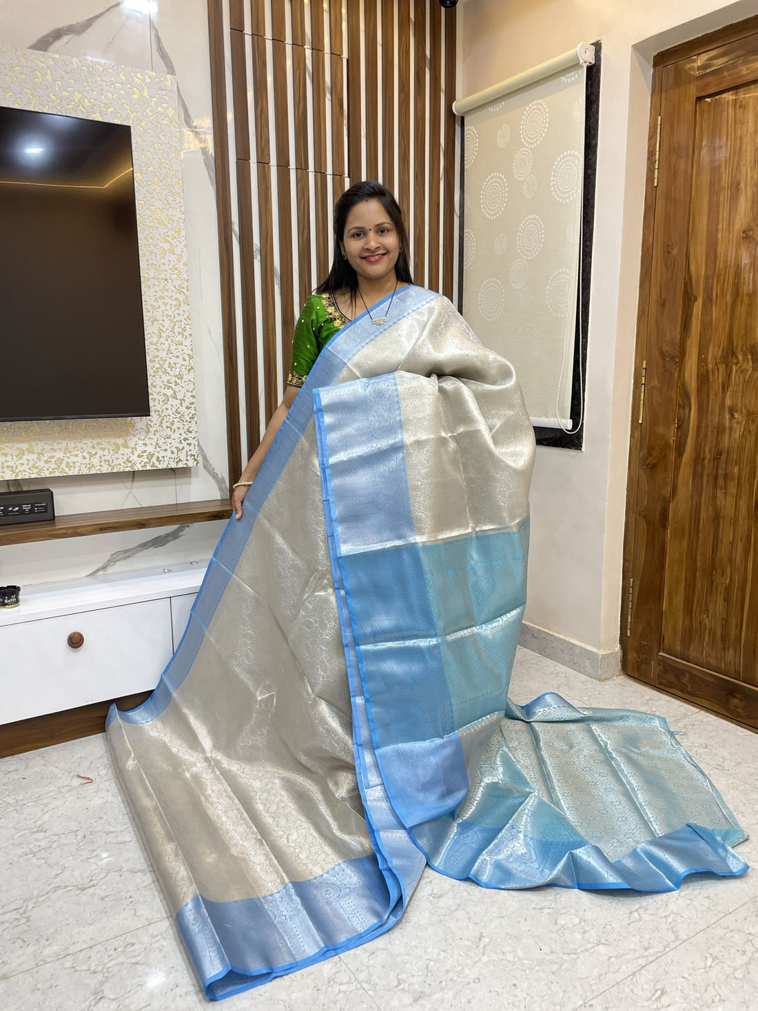 Silver saree with Blue borders