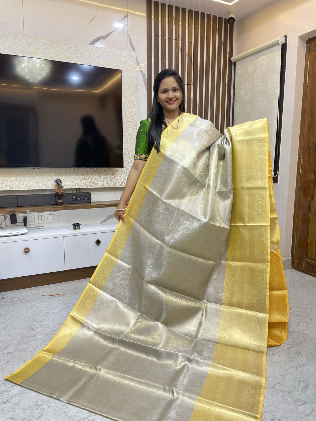 Silver saree with yellow borders