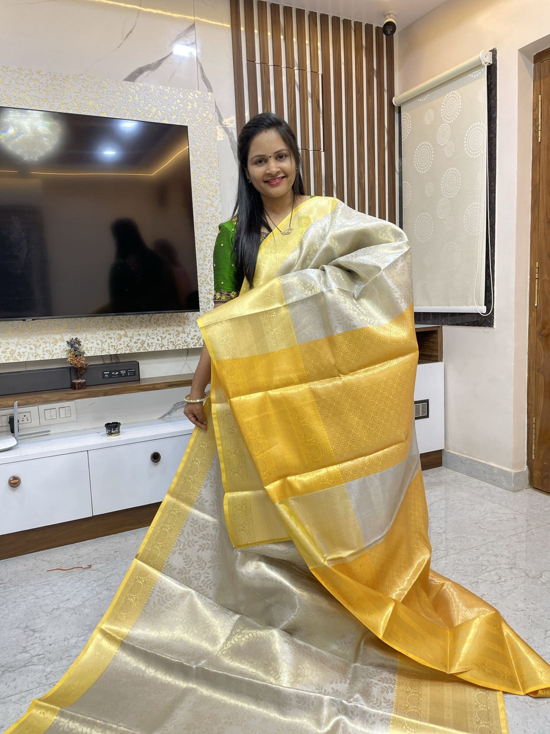 Silver saree with yellow borders