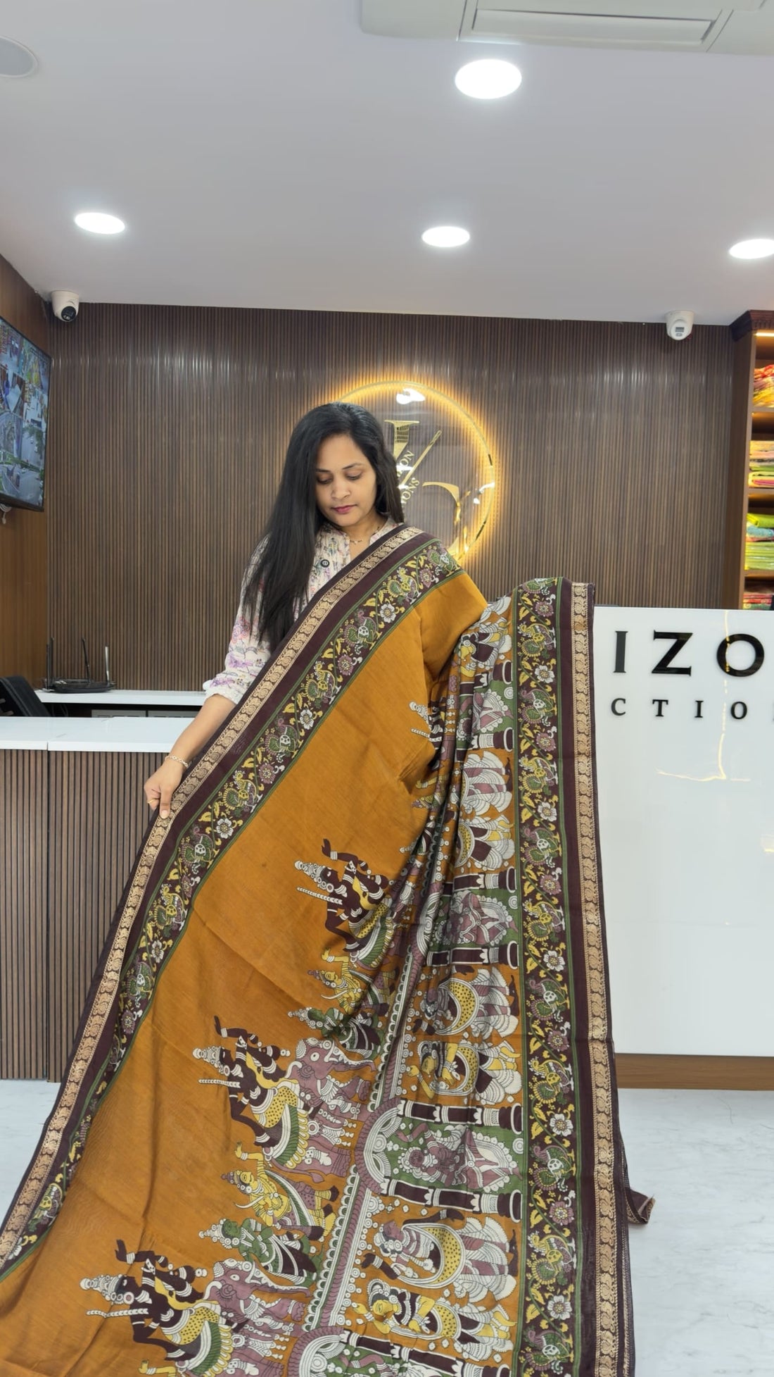 Mustard Kalamkari Maheswari Silk Saree