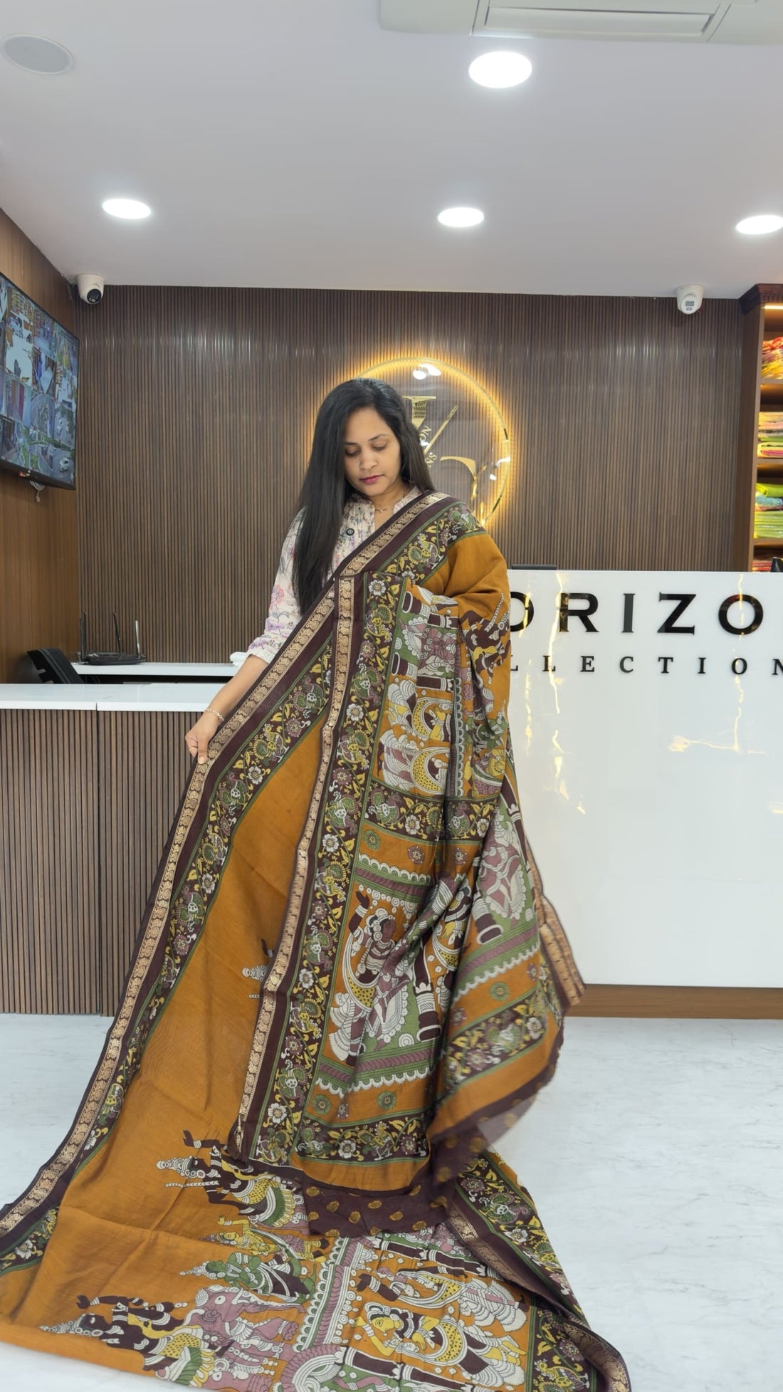 Mustard Kalamkari Maheswari Silk Saree