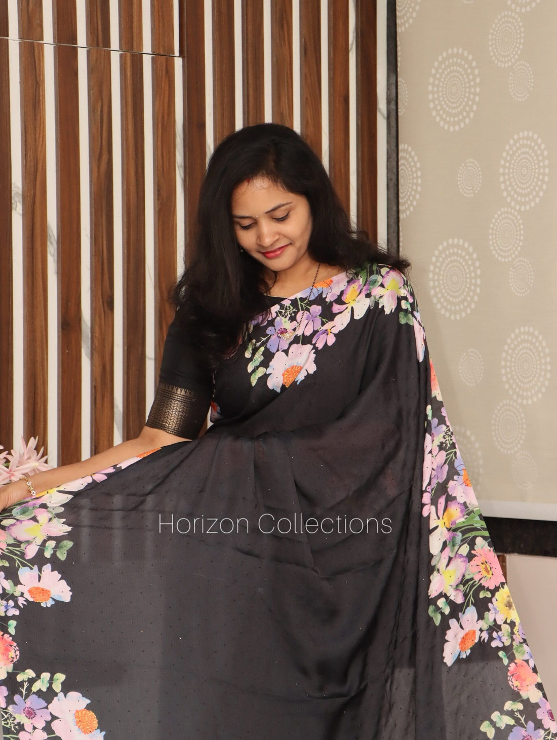 Floral Black DreamySatin Saree