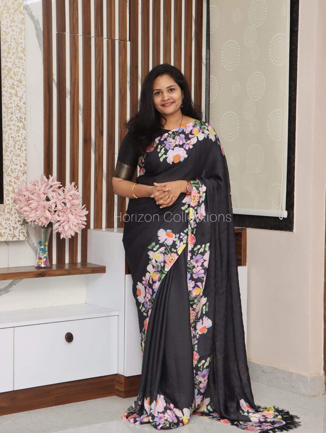Floral Black DreamySatin Saree