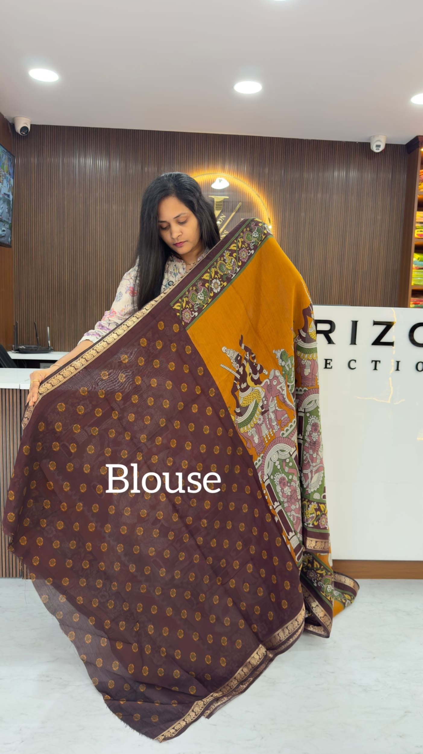 Mustard Kalamkari Maheswari Silk Saree