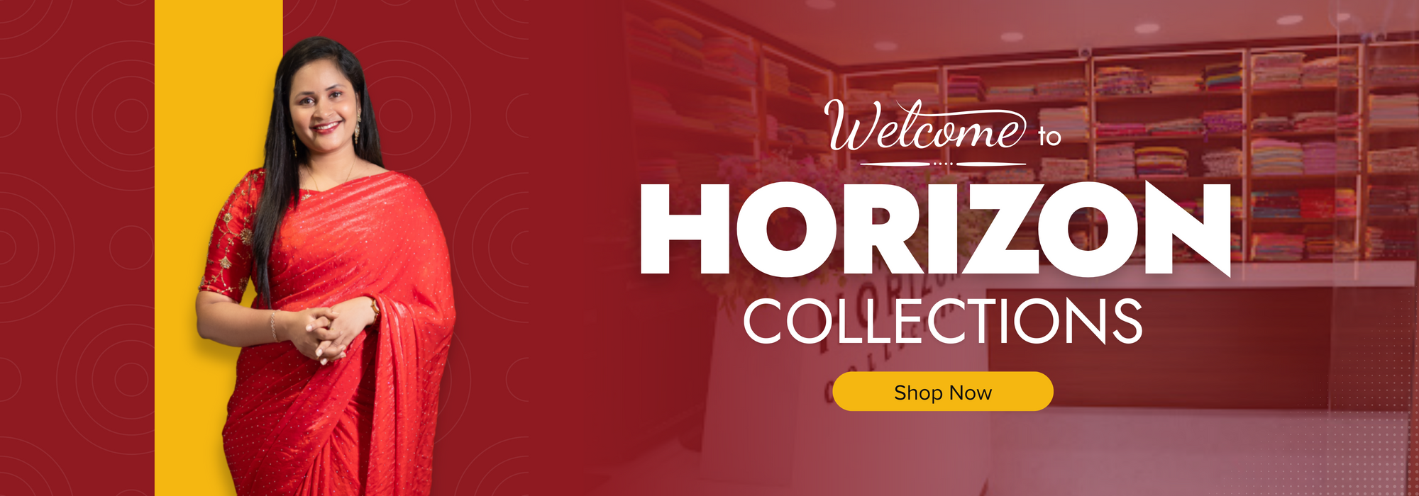 Woman in a red saree standing next to a 'Horizon Collections' banner with a store interior in the background.