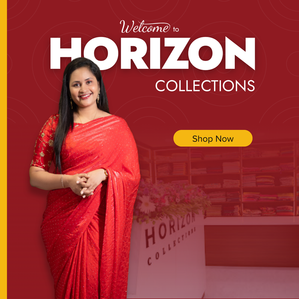 Woman in a red saree standing next to a 'Horizon Collections' banner with a store interior in the background.