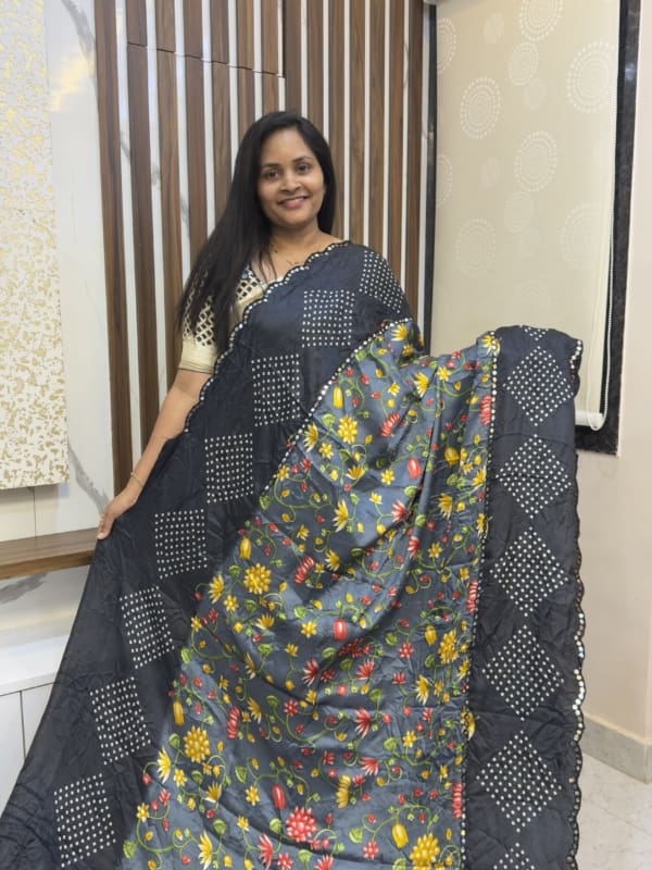Floral  Black Satin Dola  silk