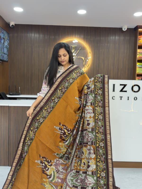 Mustard Kalamkari Maheswari Silk Saree