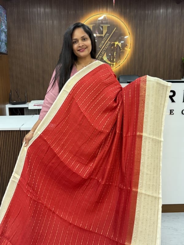 Red stripes zari saree